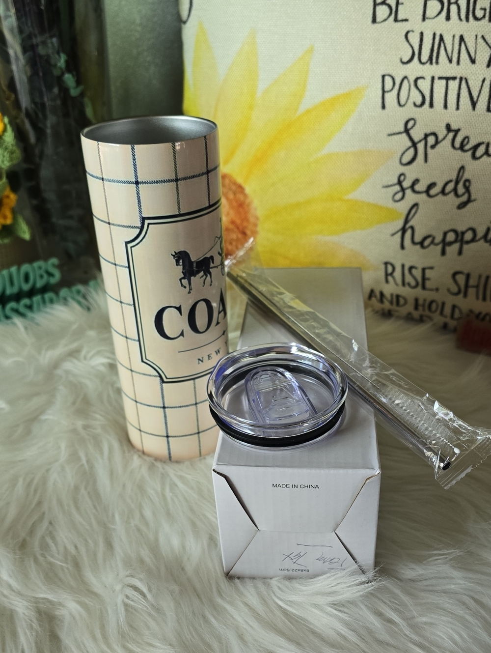 Fashion  Cream and Navy Plaid Insulated Tumbler with Black Logo